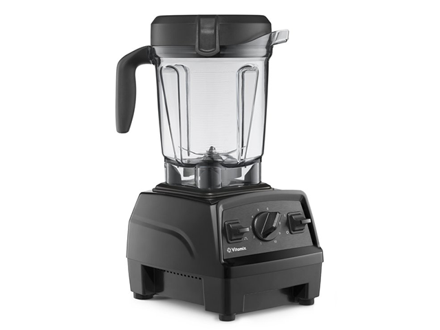 photograph of a black vitamix blender with a white background